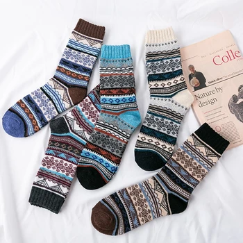5 пар Мужских носков в этническом винтажном стиле с цветочным принтом в полоску, зимние уютные мягкие теплые толстые вязаные носки из искусственной шерсти, повседневная прямая доставка