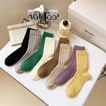 1 Пара Хлопчатобумажных носков в стиле ретро Для студенток, осень-зима, вязаные однотонные Длинные носки с закруткой, Корейские Японские Чулки для девочек