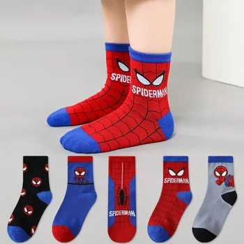 5 пар детских носков Disney с рисунком Человека-паука, аниме, хлопковые носки-трубочки для мальчиков, детские осенне-зимние носки, Детские носки, Размер 0-12 лет
